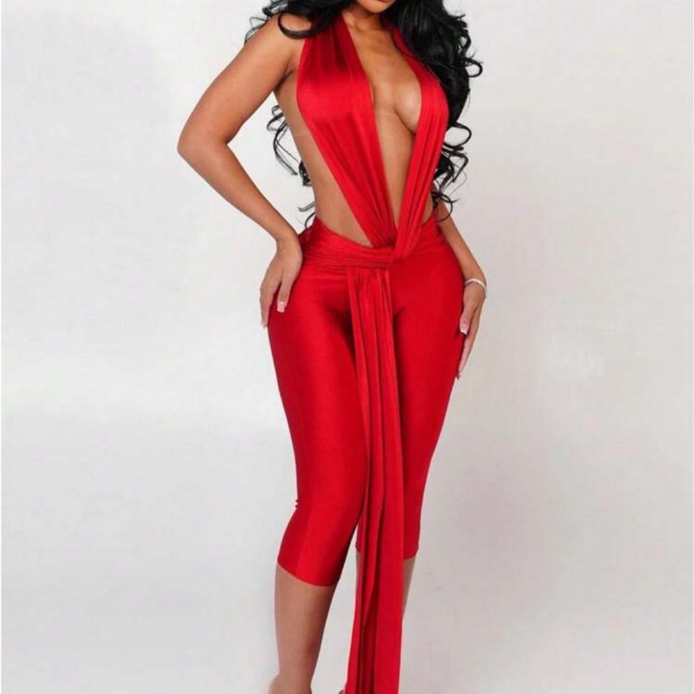 Red Deep-V Halter Jumpsuit